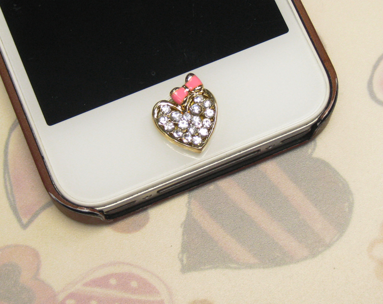 Heart With Bow Bling IPhone Home Button Sticker Cell Phone Charm For